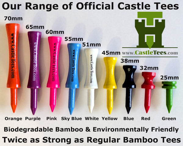 Sky Blue Castle Tees – 50 x 55mm Sky Blue Premium Bamboo Golf Tees in a Biodegradable Kraft Box