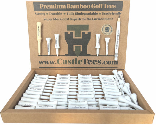 White Castle Tees – 50 x 51mm 2 inch White Premium Bamboo Golf Tees in a Kraft Paper Box